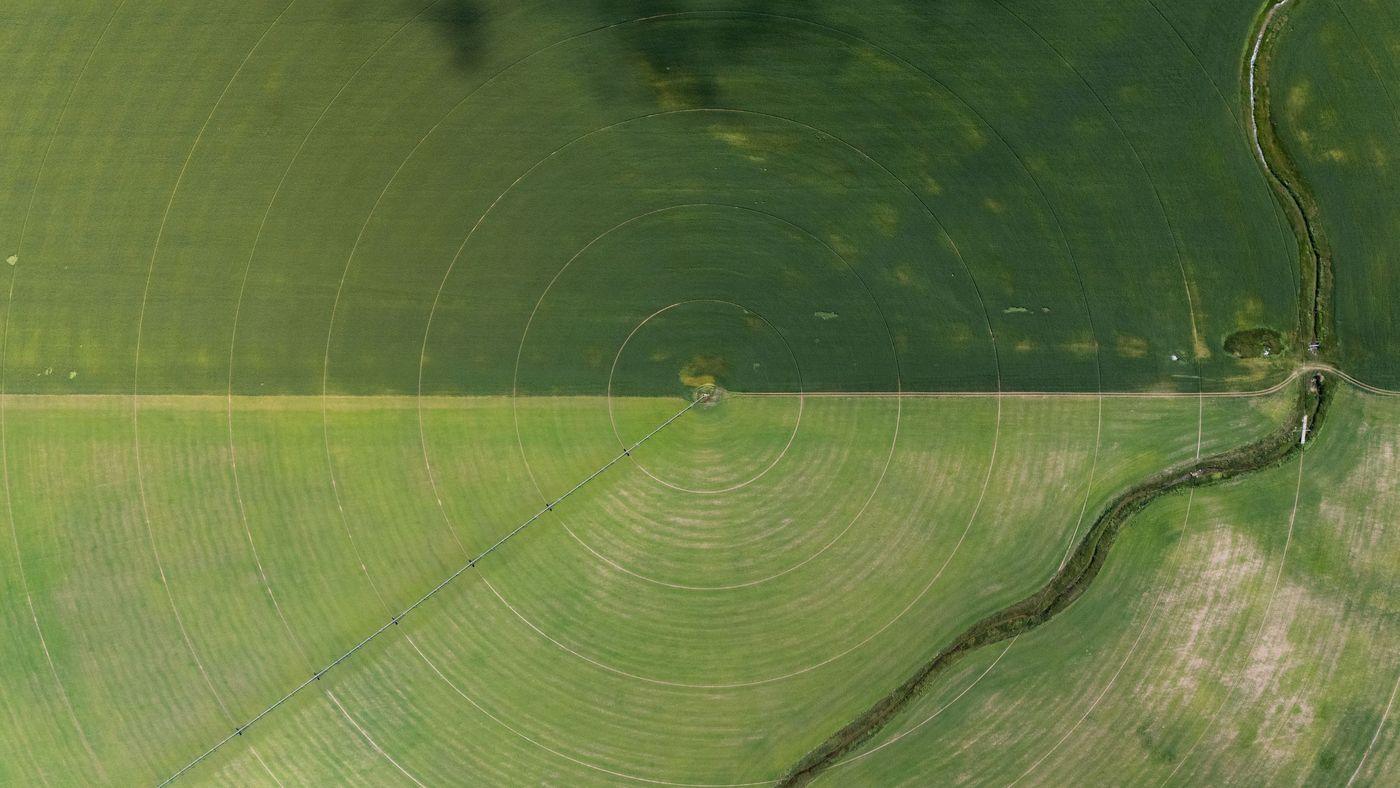 Aerial view of circular irrigated crop fields laid out beside a winding river